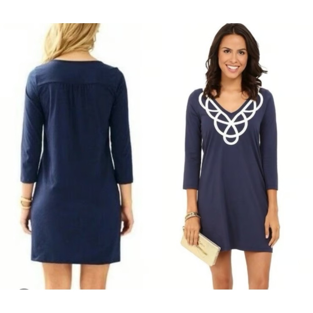 Lilly Pulitzer Blaire True Navy A-Line Dress M Embroidered Pima Cotton Preppy